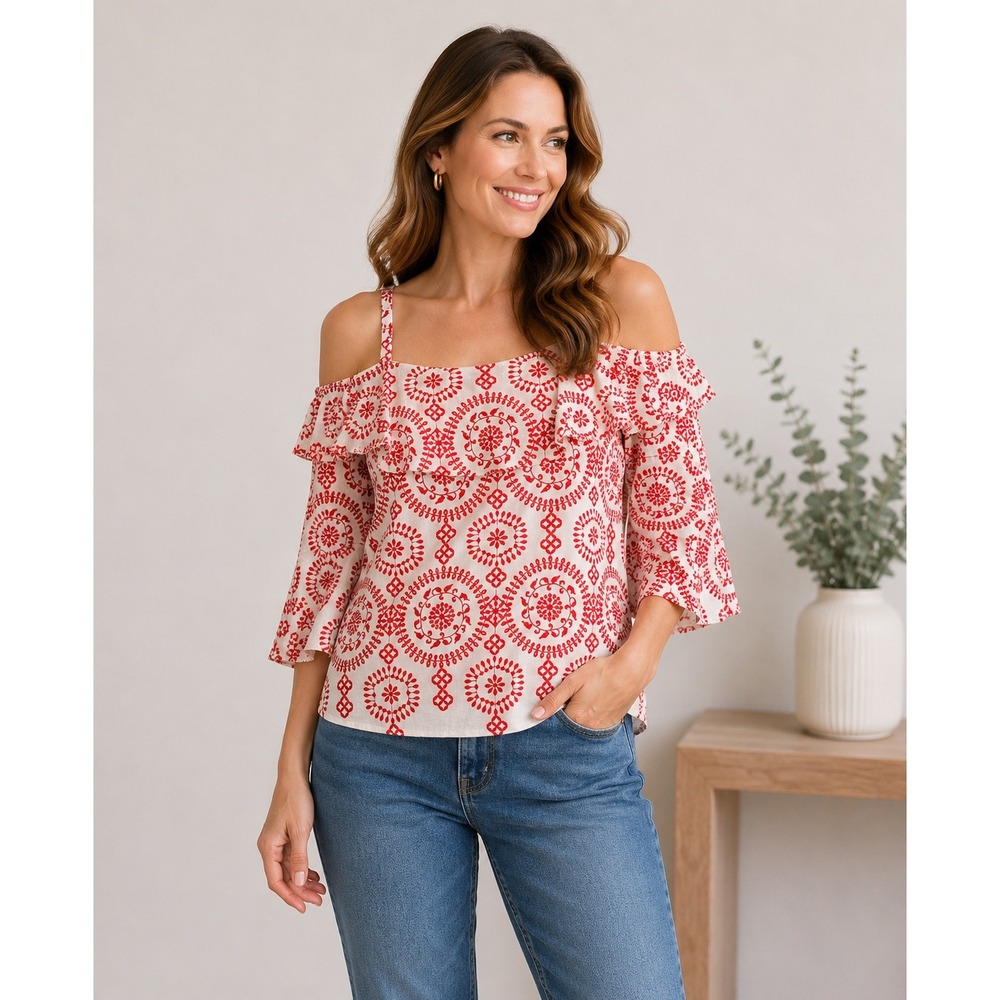 INC International Concepts Red and White Cold-Shoulder Printed Blouse